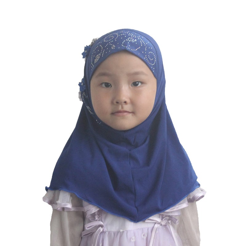 Modest Beauty girls Muslim Islamic Scarf Hijab Handmade flower lovely Rhinestone Headscarf for Kids Blue - Image 2